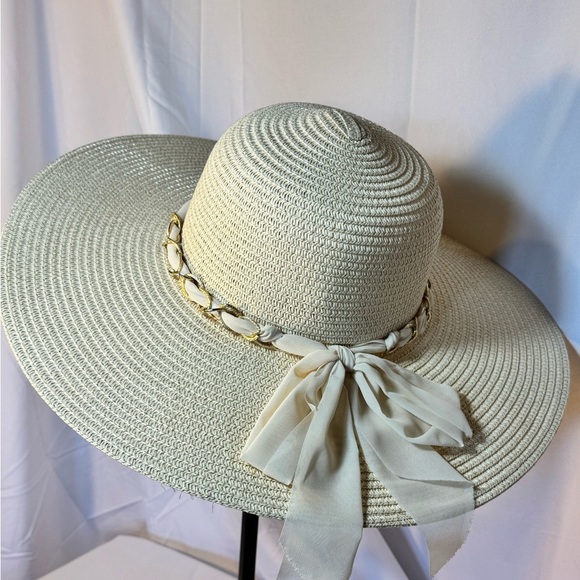 Accessories - “Cream Wide Brim Sun Hat with Ribbon – Elegant Summer Beach Hat”